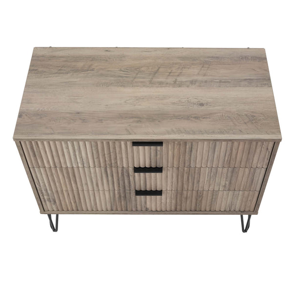 English Elm Dumbo 35" Fluted 3-Drawer Dresser with Gold Metal Legs, Glam Handles, Easy Snap Assembly Grey B365P398120