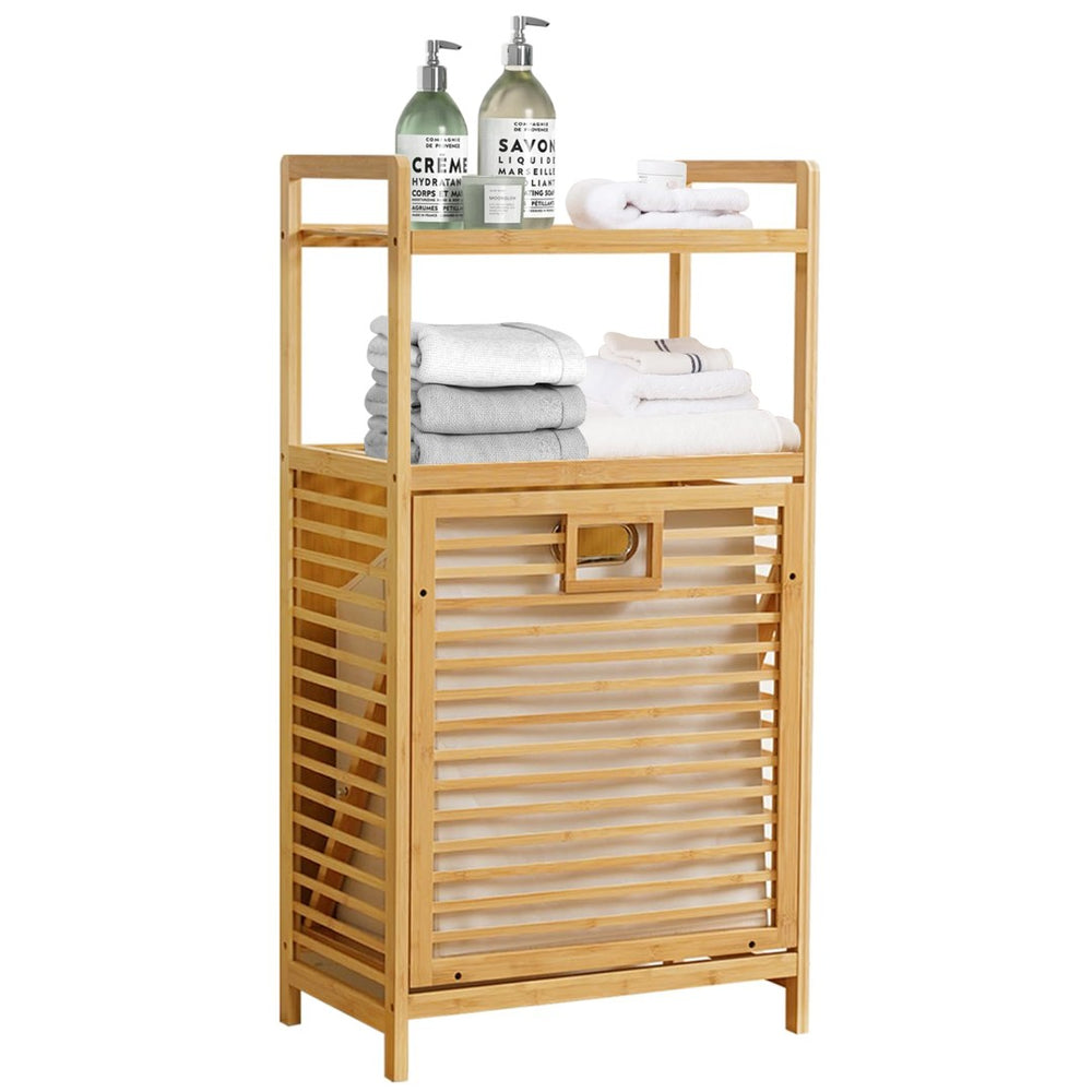 English Elm Laundry Hamper Bamboo Two Tier Tilt Out Basket with Open Shelves for Organized Homes W2641P460020