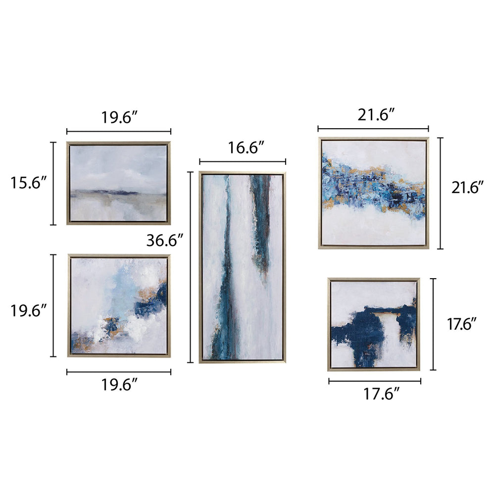JLA Home INK+IVY - Abstract 5-piece gallery set of framed blue & neutral abstract canvases with gold foil, texture, ready-to-hang MT95C-0036A