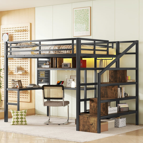 English Elm Full Size Loft Bed With Desk, Wardrobe & Led Light – Space-Saving Metal Design For Kids' Rooms! W2593S00019
