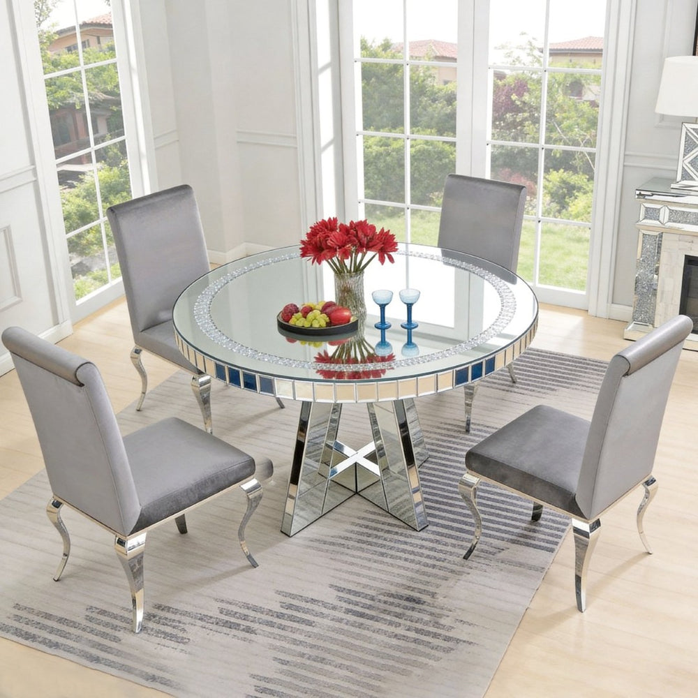 English Elm Diamond Crystal Mirrored Round Dining Table Seats 4 Glamorous Light Reflecting Glass W3836S00003