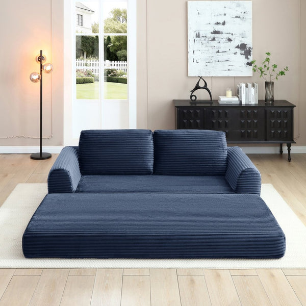 English Elm 2-in-1 Corduroy Futon Sofa Sleeper with Foam Fill and Modular Floor Profile Blue W1117P417300