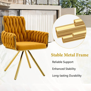 English Elm Set of 2 Velvet Upholstered Dining Chairs Braided Rope Back Glam Metal Legs Gold,Yellow W3875P383935