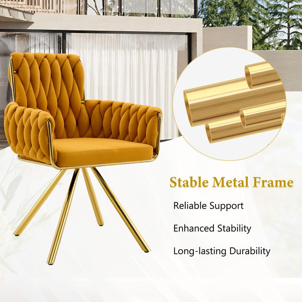 English Elm Set of 2 Velvet Upholstered Dining Chairs Braided Rope Back Glam Metal Legs Gold,Yellow W3875P383935