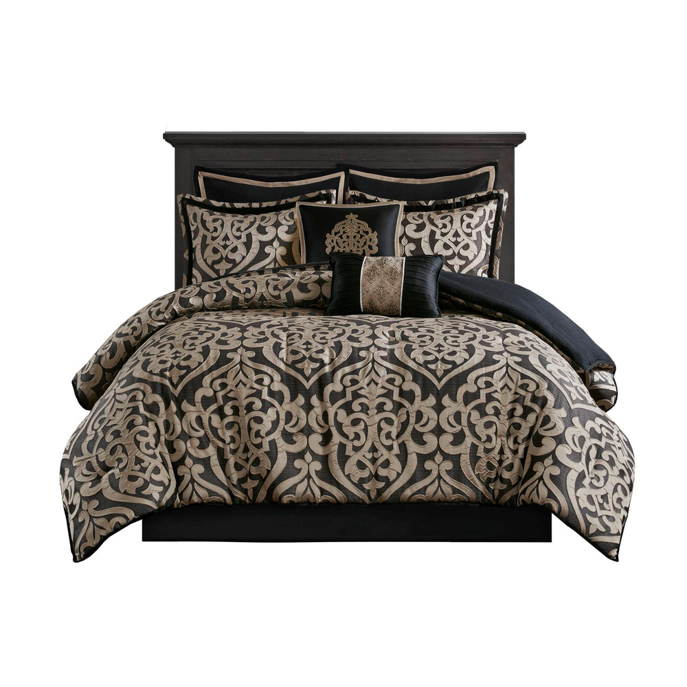 English Elm 8PCS Queen Jacquard Comforter Set with Damask Stria Texture, Embroidered Decorative Pillows & Bedskirt Black 23.62 L x 19.29 W x 11.02 H B035P341091