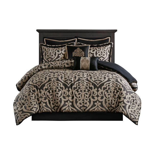 English Elm 8PCS Cal King Jacquard Comforter Set with Damask Texture, Microfiber Reverse, Embroidered Pillows Black 23.62 L x 19.29 W x 12.2 H B035P341093