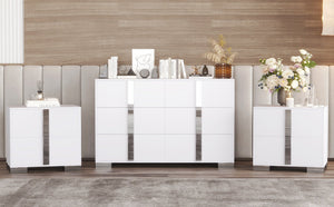English Elm 3-Pieces Mirrored 6-Drawer Dresser and Two Nightstands with Sleek Metal Legs for Modern Living White 54.25 L x 20.75 W x 8.5 H N733S307938W