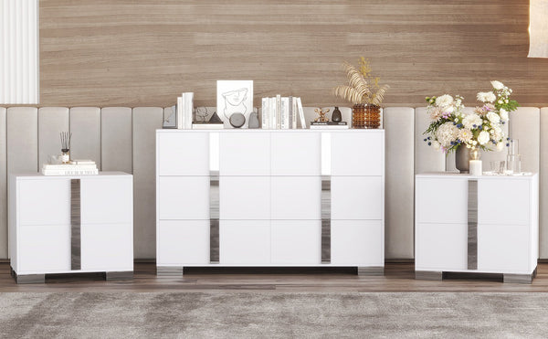 English Elm 3-Pieces Mirrored 6-Drawer Dresser and Two Nightstands with Sleek Metal Legs for Modern Living White 54.25 L x 20.75 W x 8.5 H N733S307938W