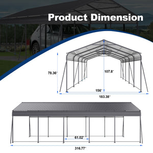 English Elm Metal Carport 13x26 Ft Galvanized Steel Frame Outdoor Vehicle and Boat Shelter W419S00062