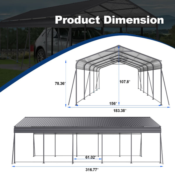 English Elm Metal Carport 13x26 Ft Galvanized Steel Frame Outdoor Vehicle and Boat Shelter W419S00062
