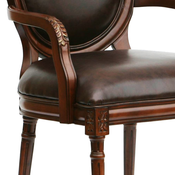 English Elm Benard Traditional Oval Back Leather Chair in Brown Faux Leather with Hand Carved Floral Details B050P229949