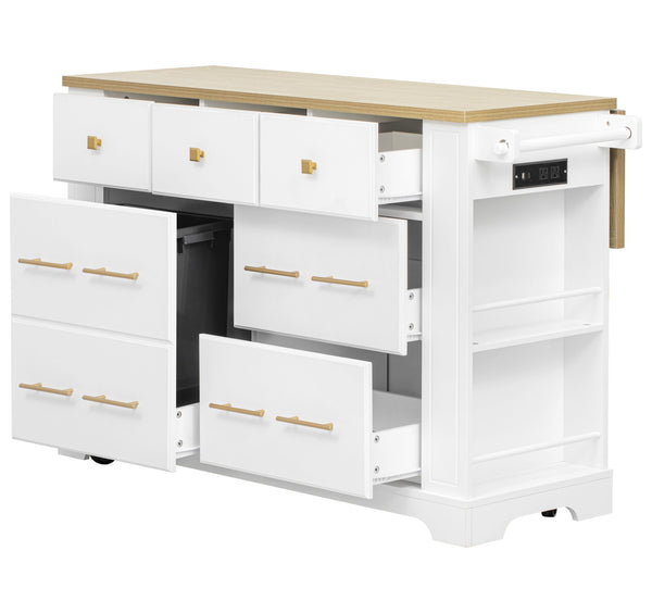 English Elm K&K Rustic Kitchen Island Cart with 6 Drawers, Pull-Out Trash Cabinet, Drop Leaf & Built-In Charging Station White N707P307292W