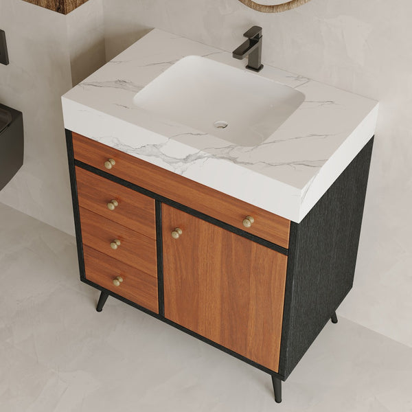 English Elm 29.9" Floating Bathroom Vanity Sintered Stone Top Soft Close Drawers Bronze Gold Hardware Black,Brown,Gold,White W3136S00046