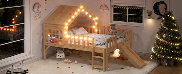 English Elm Twin Playhouse Loft Bed Solid Pine Frame with Slide Led Lights and Star Roof Natural W5316S00005