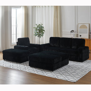 English Elm Corduroy minimalist coffee table conversion sofa set with cup grooves, recliner comfort and L-shaped layout for hosting Black W834S00547