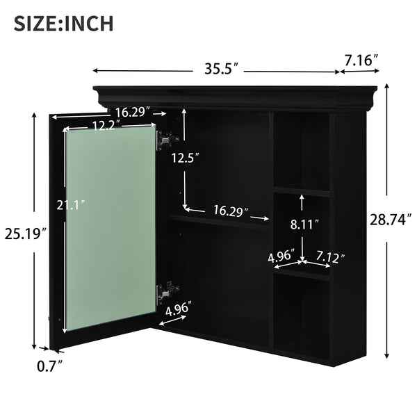 English Elm 35'' 35' 35'' x 28'' Wall Mounted Medicine Cabinet with Mirror Door, Modern MDF Storage with Towel Rod Black N710P196545B