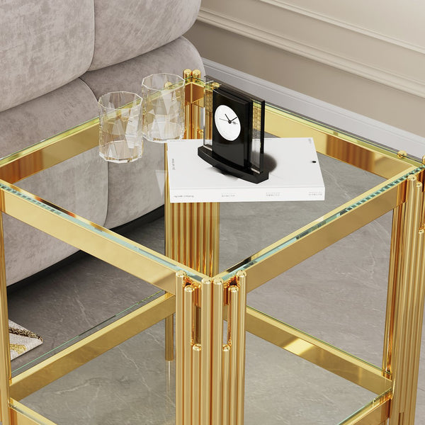 English Elm Top Gold Double-Tier Tempered Glass End Table with Mirror-Finish Stainless Steel Frame, Luxe Storage W1241P244704