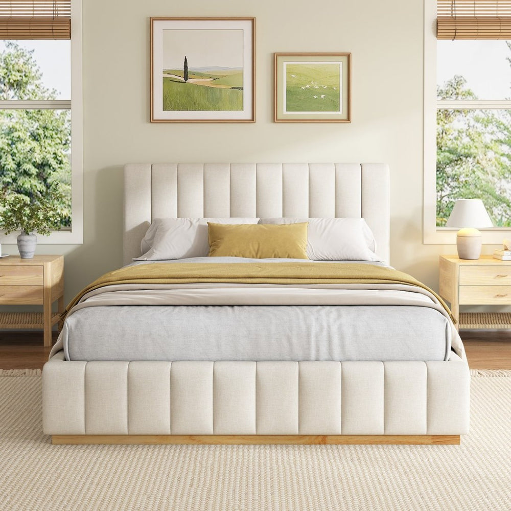 English Elm Modern, Quilted Upholstered Queen Bed Rubberwood Frame Beige Fabric Striped Headboard N769Q360699A