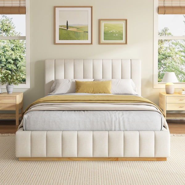English Elm Modern, Quilted Upholstered Queen Bed Rubberwood Frame Beige Fabric Striped Headboard N769Q360699A