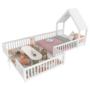 English Elm Full Full Size House Floor Bed with Door & Guardrails, Solid Wood Playful Design for Kids, Safe and Durable White W1580P327130
