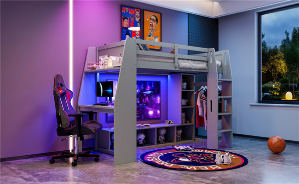 English Elm Wood Twin Size Gaming Loft Bed With Desk, Shelves, Led Lights & Clothes Rack - Gray Space Saver! N7090001041E-GIGA