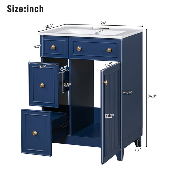 English Elm 24-Inch Bathroom Vanity Cabinet with Ceramic Sink, Space-Saving Storage, Solid Wood Feet, Durable Finish Blue WF532034AAC