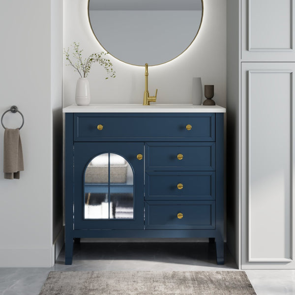 English Elm 35.6" Freestanding Bathroom Vanity with Roman Column Base and Ceramic Integrated Sink Blue W1801S00012