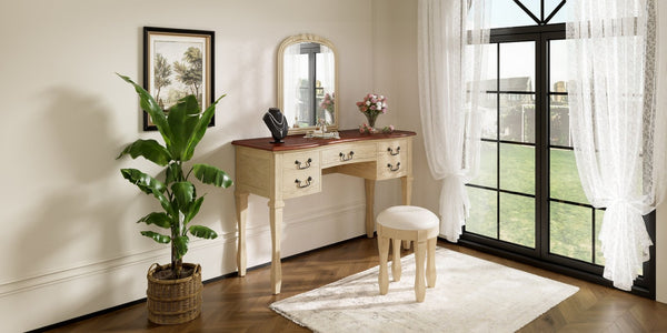 English Elm 46" Vintage Dressing Table Floral Carved Mirror 5 Drawers Stool Bedroom Vanity N704P381405K