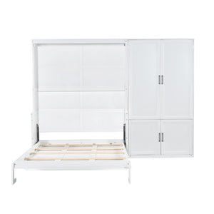 English Elm Queen Murphy Bed with Wardrobe Cabinet Hydraulic Lift Mdf Space Saving Wall Unit White LP000581AAK