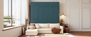 English Elm Queen Murphy Bed with L-shaped Velvet Sofa Storage Cabinets for Studio Living Green LP000765AAA-1