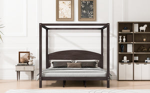 English Elm King Canopy Platform Bed with Headboard and Support Legs — Modern Pine Wood Frame, Sturdy 650lb Capacity Brown WF309291AAD