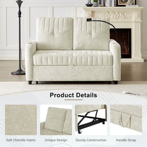English Elm 53.9" Modern Loveseat Pull-Out Sofa Bed with Adjustable Backrest, Cup Holders, USB Charging Ports & Storage Beige N719S001650A