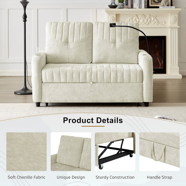 English Elm 53.9" Modern Loveseat Pull-Out Sofa Bed with Adjustable Backrest, Cup Holders, USB Charging Ports & Storage Beige N719S001650A