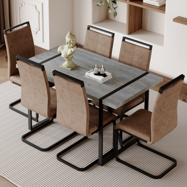English Elm Table Modern Minimalist Grey Marble Mdf Dining Set With 6 Comfortable Brown Chairs & Metal Frame W1151S02682-GIGA