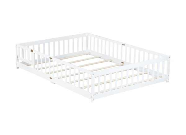English Elm Queen Floor Bed with Safety Fence and Guardrails, Rubberwood Low Profile Platform for Kids White W504P286387