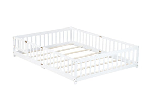 English Elm Queen Rubber Wood Floor Bed with Full Perimeter Safety Fence and Hinged Access Door White W504P429340