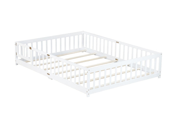 English Elm Queen Rubber Wood Floor Bed with Full Perimeter Safety Fence and Hinged Access Door White W504P429340