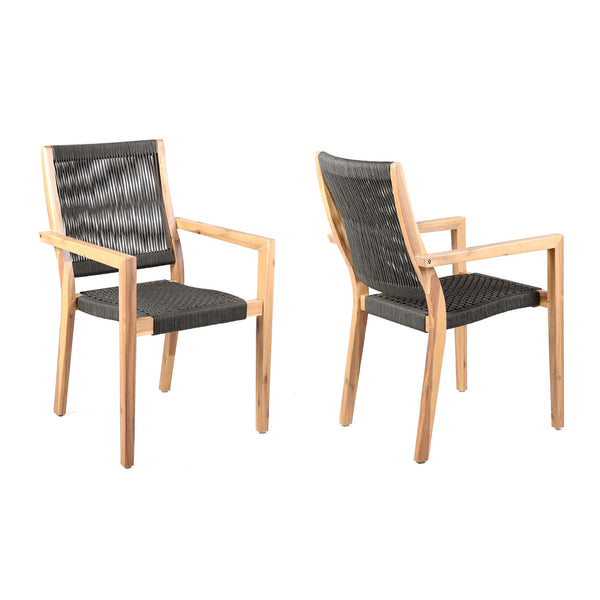 English Elm Rivani Eucalyptus Wood Outdoor Dining Chairs Set of 2 — Teak Finish, Charcoal Rope, Tall Back Comfort B2736P354401
