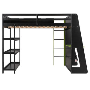 English Elm Full Size Gaming Loft Bed with Led Lighting Desk Shelves and Usb Charging Ports N820S00076F