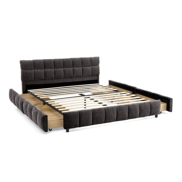 English Elm Queen Chenille Upholstered Platform Bed with Storage Drawers and Padded Headboard Dark Gray W487P235286