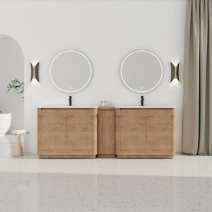 English Elm 92'' Freestanding Double Sink Bathroom Vanity Oak Melamine Soft Close Storage Set W999S00517