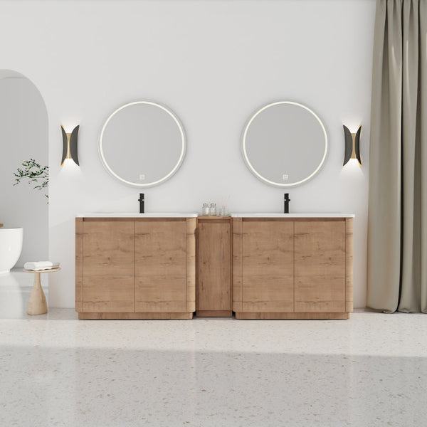 English Elm 92'' Freestanding Double Sink Bathroom Vanity Oak Melamine Soft Close Storage Set W999S00517