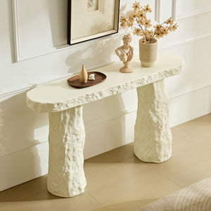 English Elm 53.94 Inch Sculptural Fiberglass Console Table with Stone Look Pillar Legs for Entryway W2582S00199