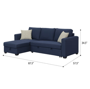 English Elm Navy Fabric Sleeper Sectional with Lift Top Storage Chaise for Compact Living Rooms B361S00027