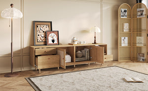 English Elm Boho Natural Rattan TV Stand for Up to 85" TVs, 3 Drawers + Cabinets & Open Shelves, Modern Wood console with organic texture and sturdy 110 lb capacity N710P339452P