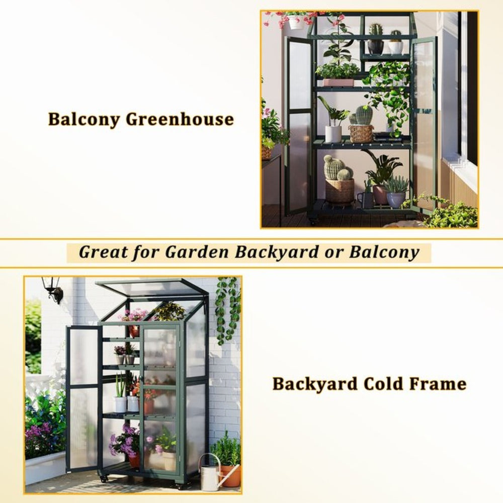 English Elm Topmax Fir Wood Portable Greenhouse with Polycarbonate Panels Adjustable Shelves and Casters N717P221494F