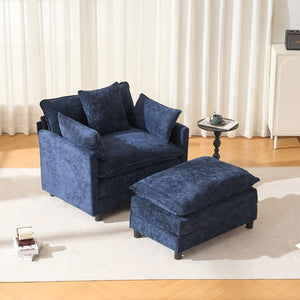 English Elm 39.4" Chenille Club Chair with Ottoman Solid Wood Frame Contemporary Living Room Seat Blue W3244P427715