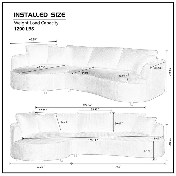 English Elm 122.04 Inch Oversized Sectional Sofa - Comfy Green Corduroy Couch With Left-Facing Chaise & Pillows W876S00275