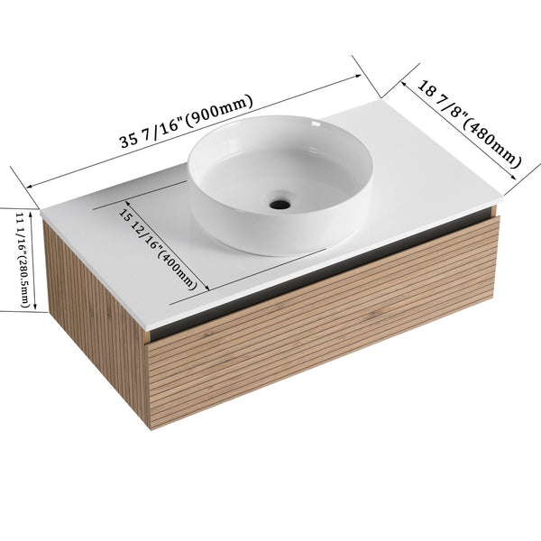 English Elm 36'' Floating Wall Mounted Vanity Plywood Cabinet with Ceramic Vessel Sink Soft Close Drawer W999S00362