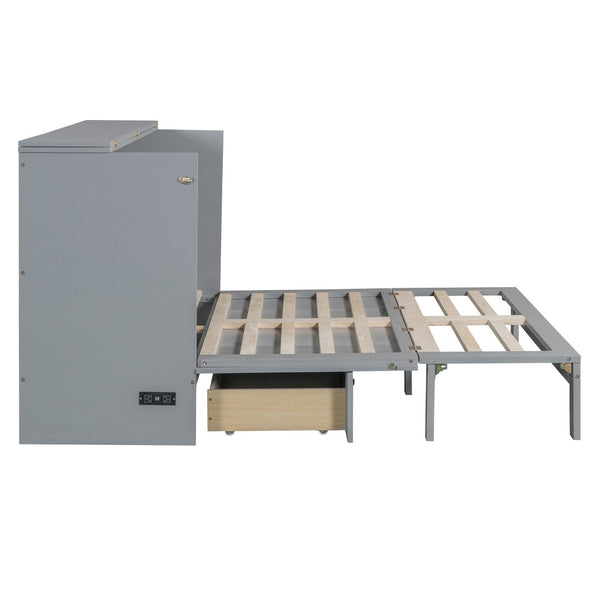 English Elm Full Size Murphy Bed Rattan Cabinet with Storage Drawers and Gold Hardware Gray N708S00009E